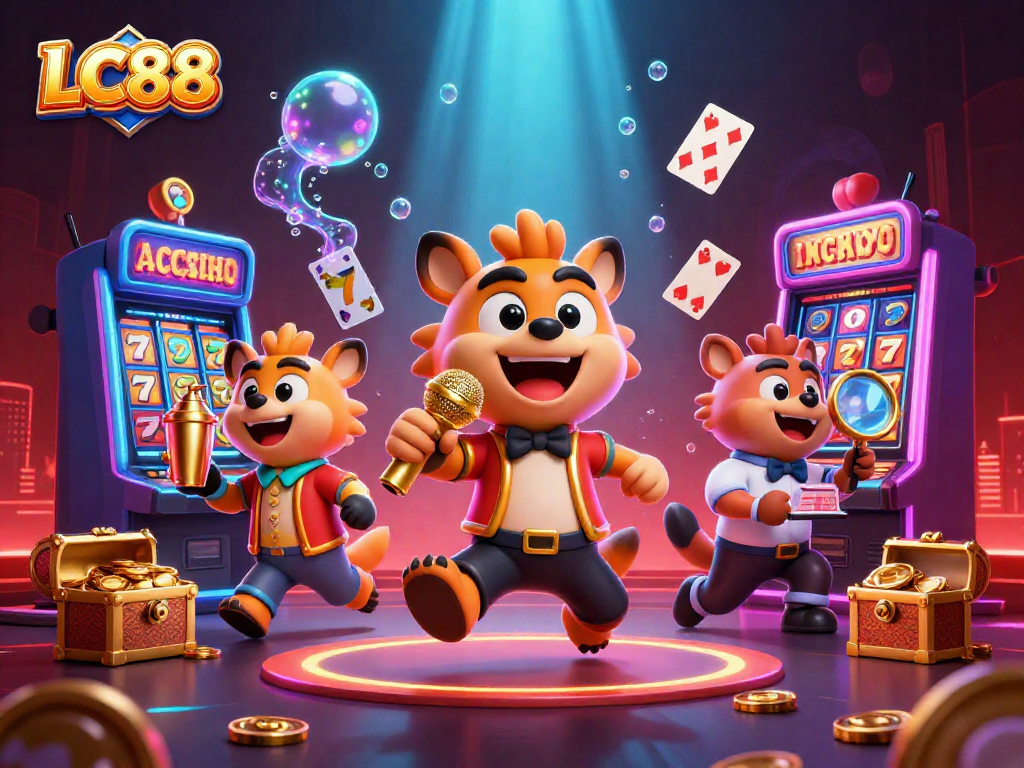 LC88 showcases vibrant casino fun as hyenas deliver comedy and cocktails surrounded by exciting slot games.