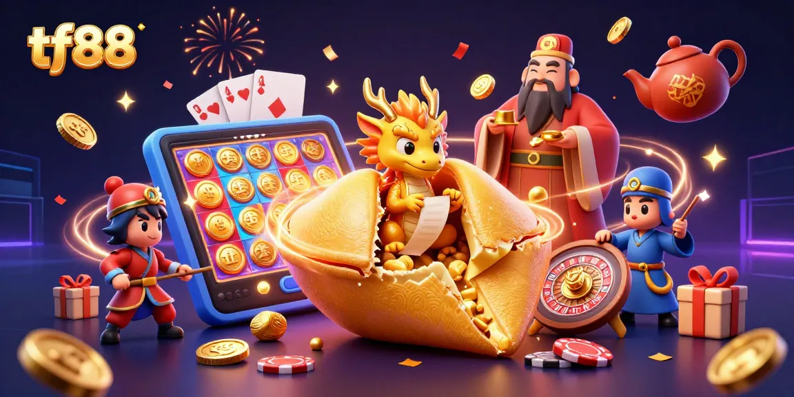 Spin to win at tf88 with a golden fortune cookie and dragon amidst confetti and casino elements.