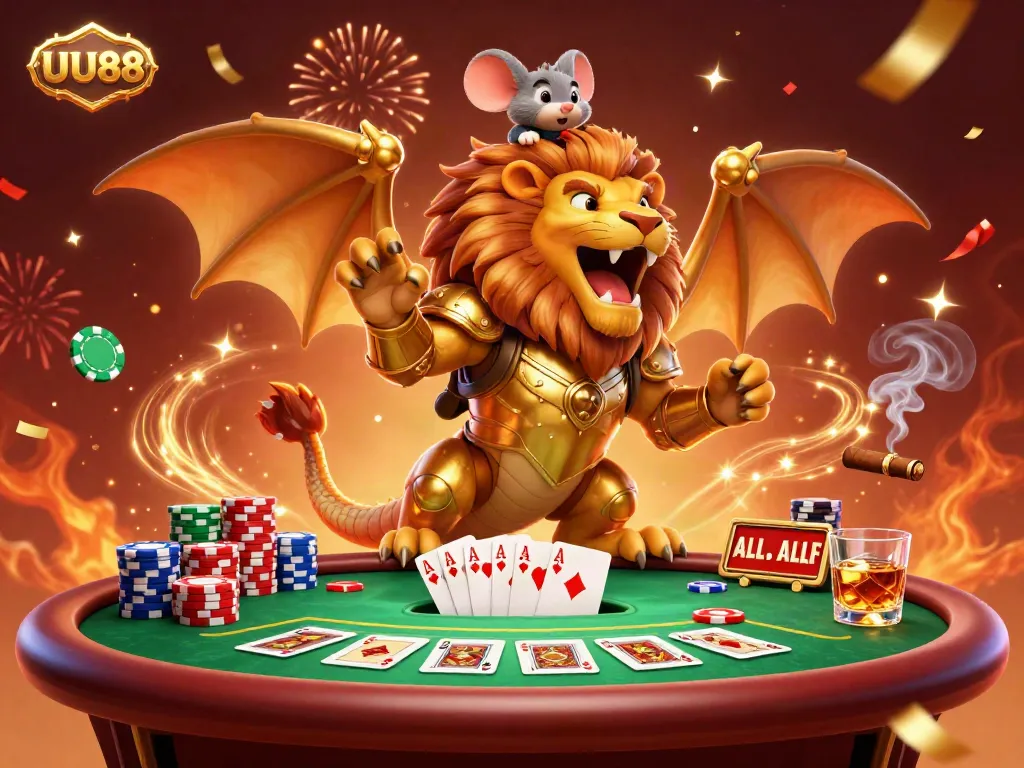Experience the excitement of UU88 in a vibrant 3D casino scene featuring a chimera creature and poker elements.