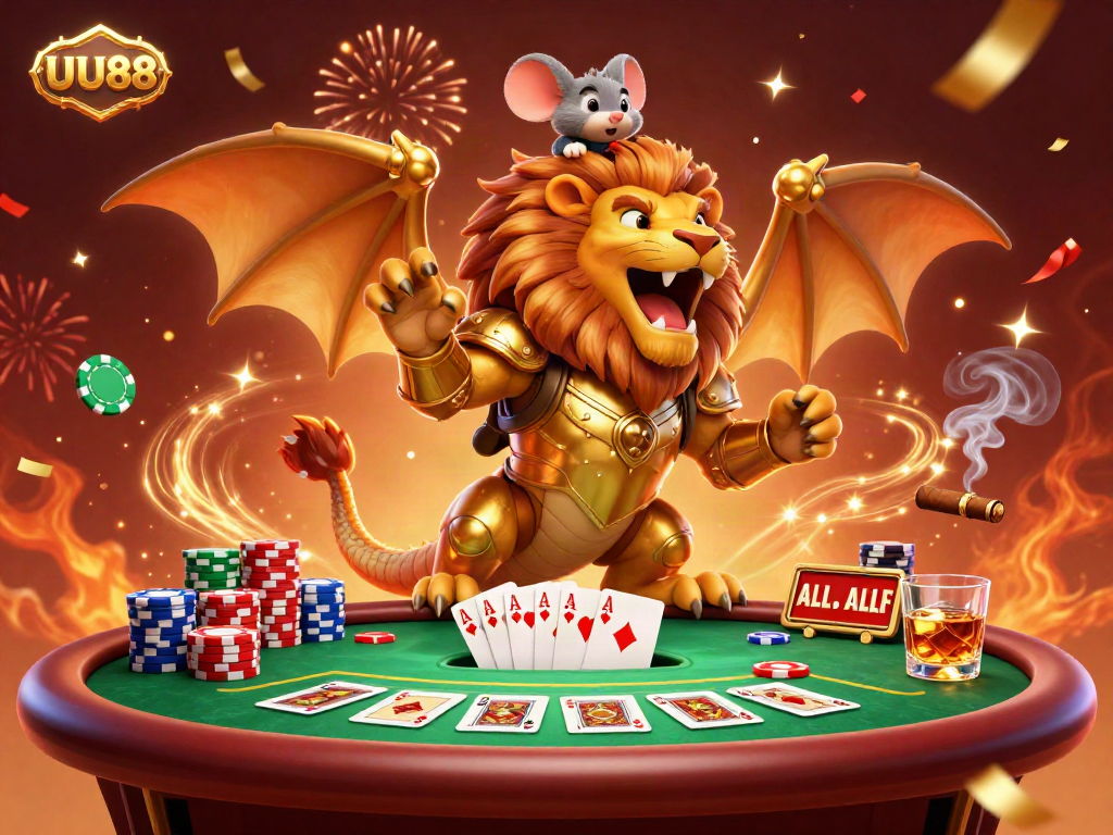 Experience the excitement of UU88 in a vibrant 3D casino scene featuring a chimera creature and poker elements.