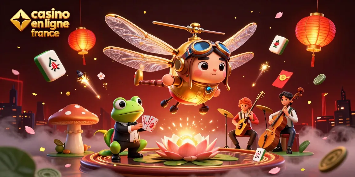 Un dragonfly pilot surplombant un casino en ligne France, avec un croupier grenouille distribuant des cartes.