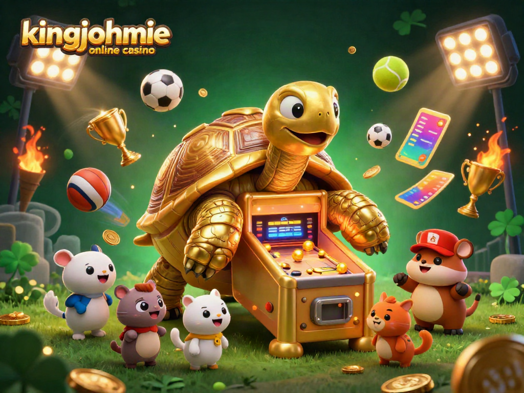Experience the thrill of kingjohnnie online casino with a lively scene featuring a golden tortoise pinball and sports elements.
