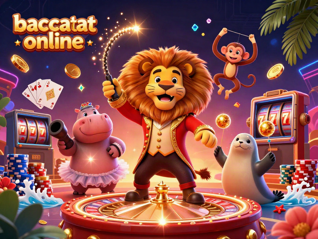 Baccarat online scene with vibrant characters in a casino-themed illustration full of action and game elements.