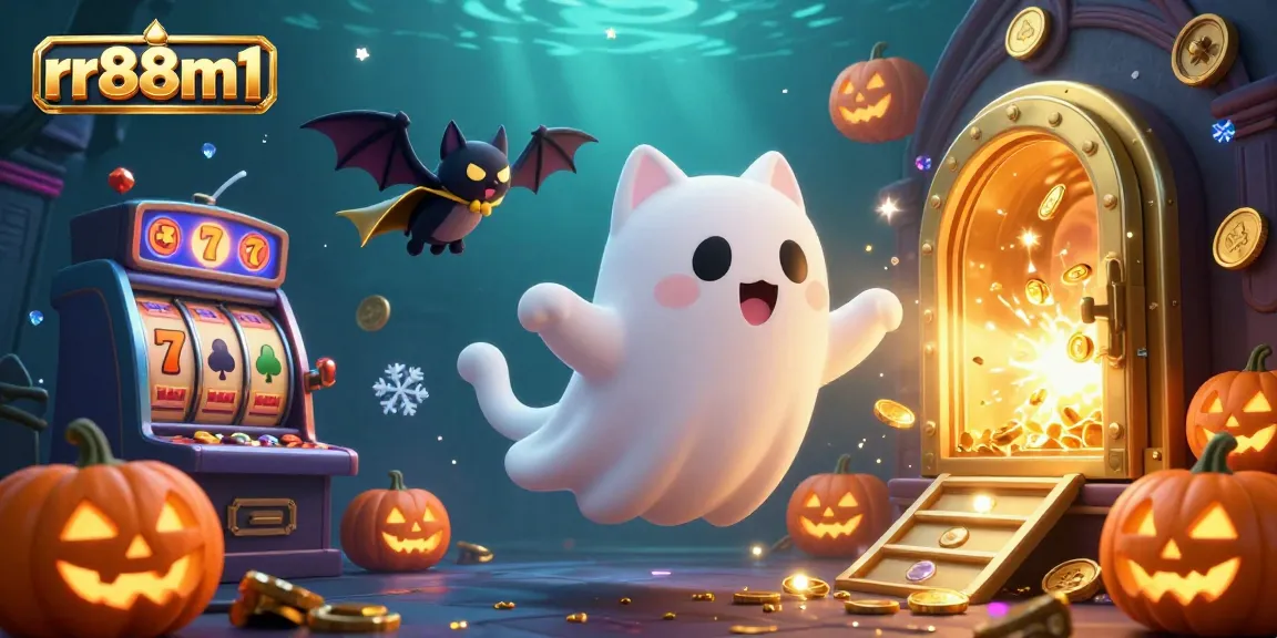 Win big at rr88m1 with a vibrant casino scene featuring a ghost cat and treasure vault.