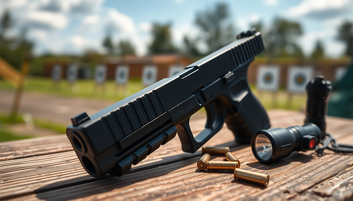 Showcasing a glock 43 slide with precision details on a rustic table.