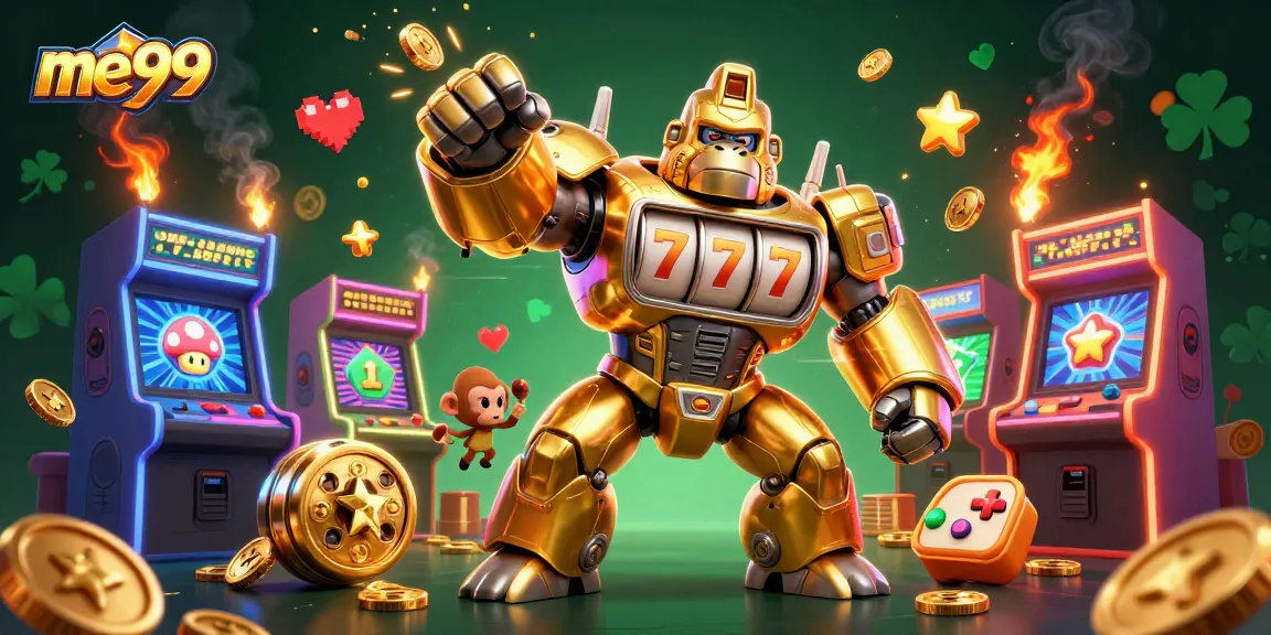 Join the excitement at me99 with a 3D golden gorilla mech surrounded by vibrant casino elements.
