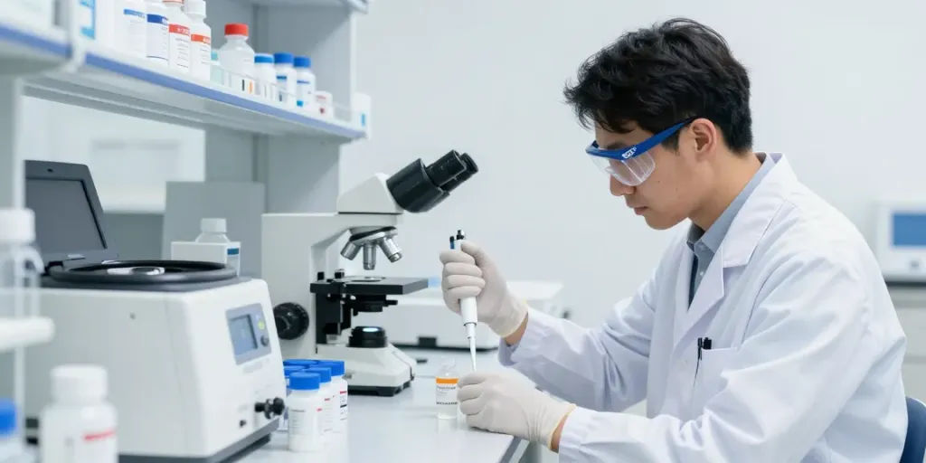 Scientist analyzing high-purity wholesale peptides in a modern lab.