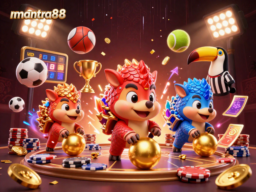 Engage with mantra88’s competitive gameplay featuring pangolin characters amid poker chips and sports elements.