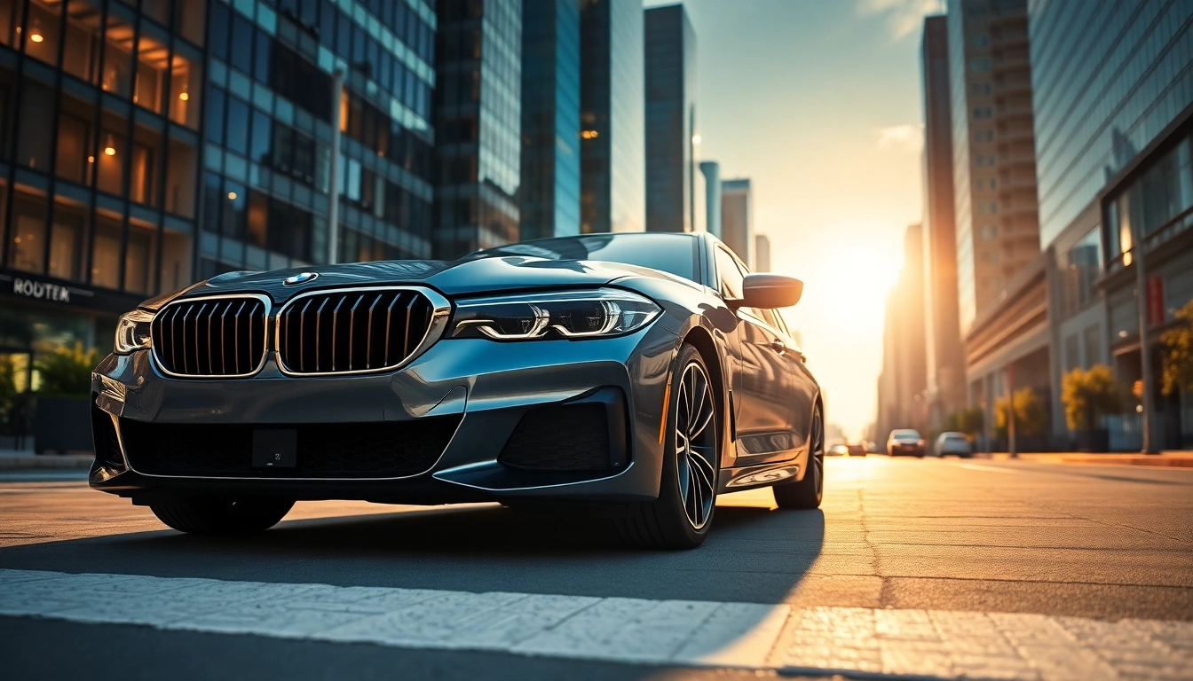 View of a Luxury BMW car parked stylishly in a vibrant city, showcasing its modern elegance.