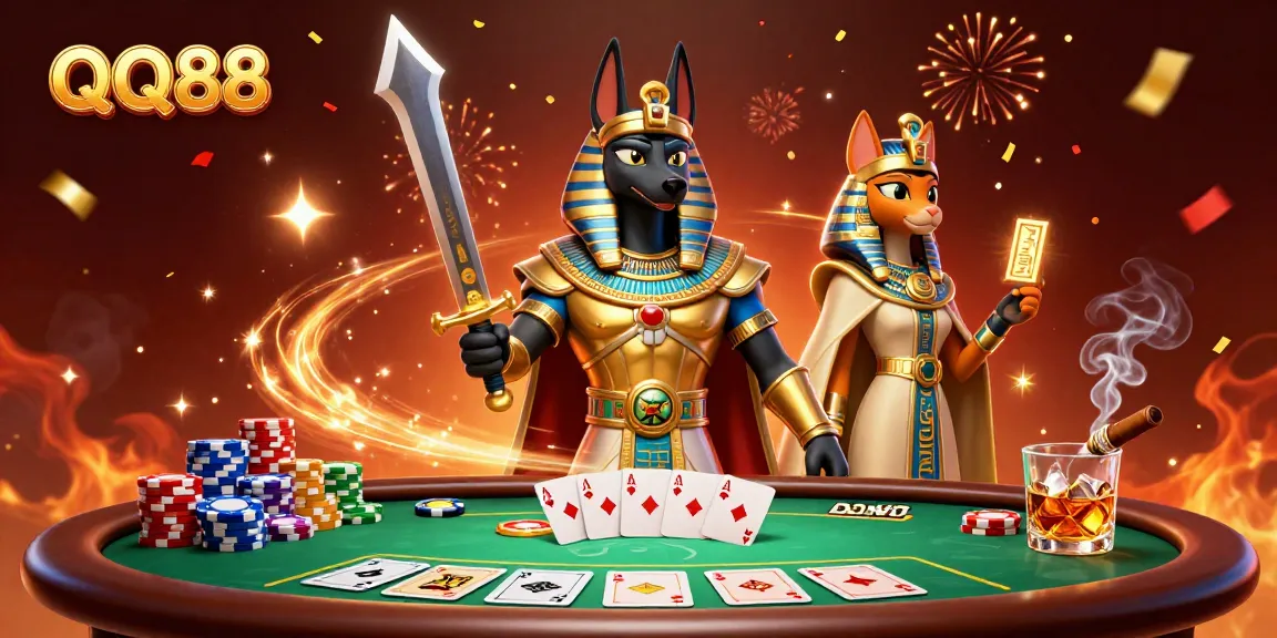 Experience excitement with QQ88's ultra-detailed casino scene featuring Anubis and Bastet amidst poker action.