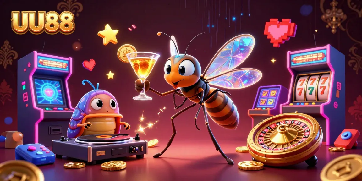 UU88 casino illustration featuring a unique frozen mosquito mascot, trilobite DJ, and golden roulette wheel.