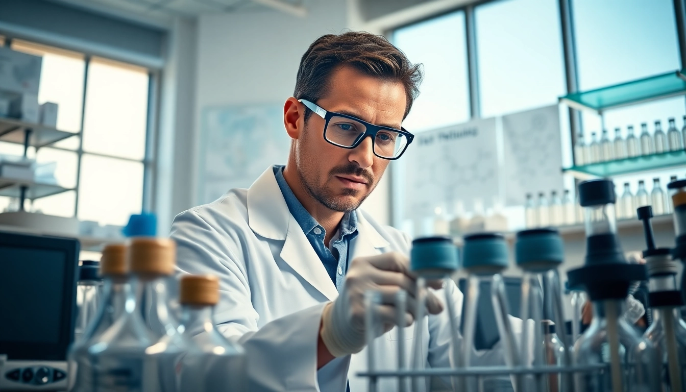 Analyze amc peptide samples in a vibrant laboratory setting with advanced research equipment.