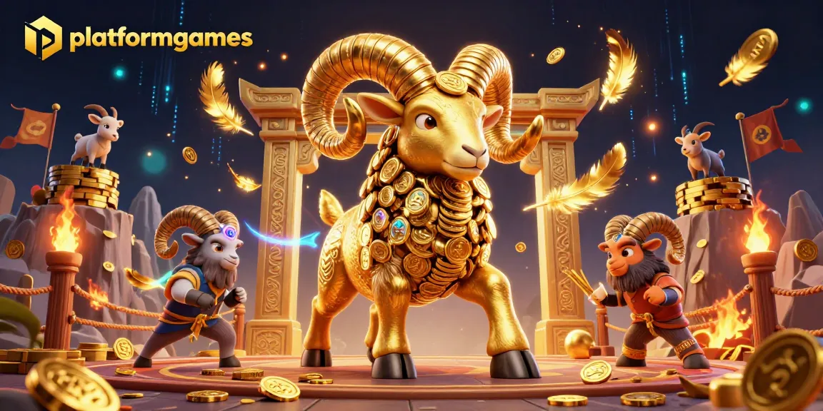 Win big on platformgames with a dynamic 3D illustration of a golden ram charging through a casino.