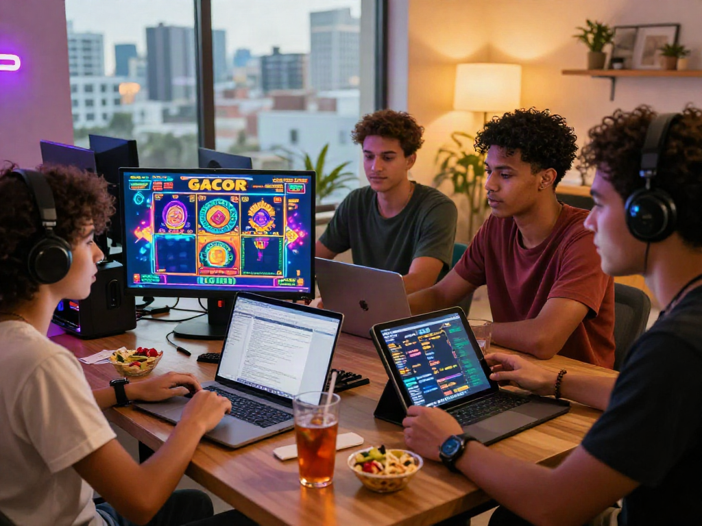 Group enjoying a lively slot gacor gaming session in a modern apartment, highlighting social interaction and excitement.