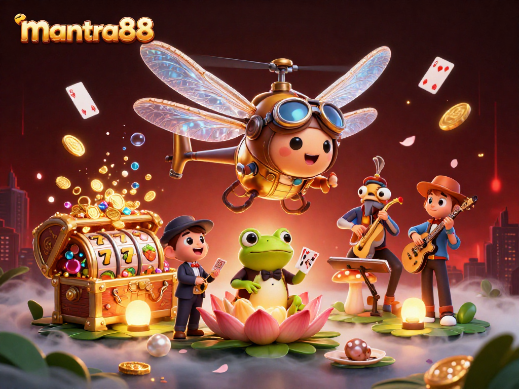 Experience the vibrant mantra88 casino scene with a dragonfly pilot and frog croupier at play.