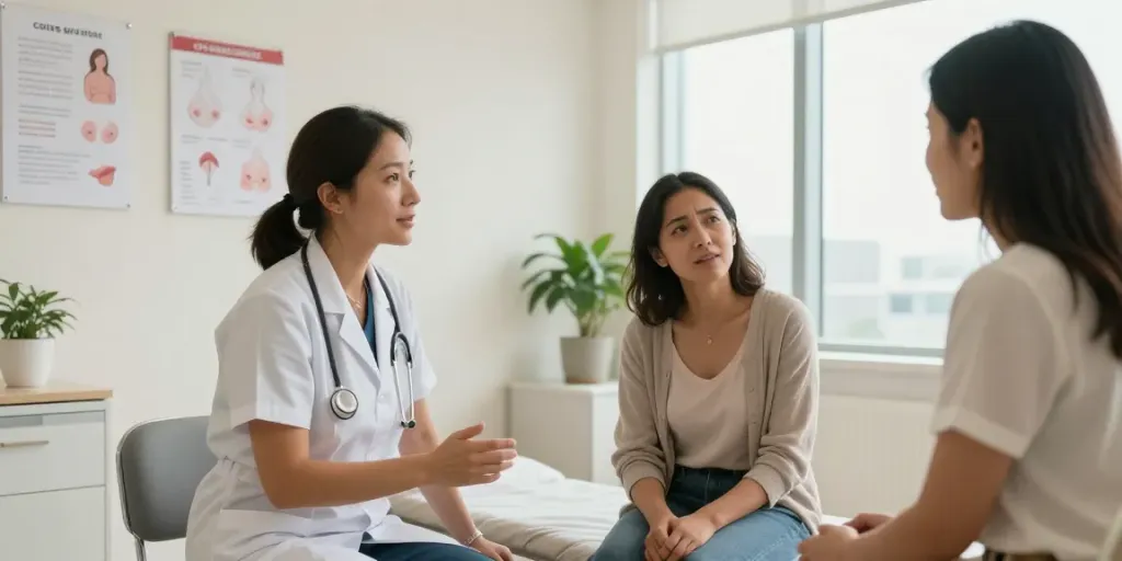 Personalized consultation on breast surgery in Abu Dhabi in a warm clinical setting with compassionate doctor and attentive patient.