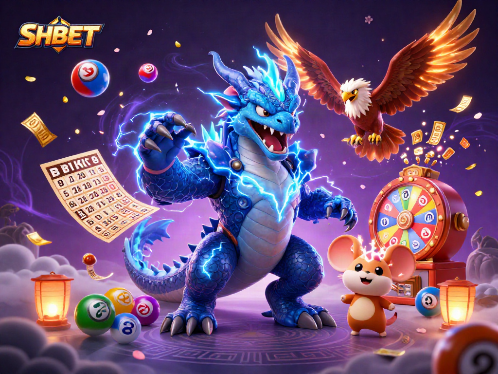 Engage with SHBET's thrilling games featuring a dynamic scene of characters and casino elements.