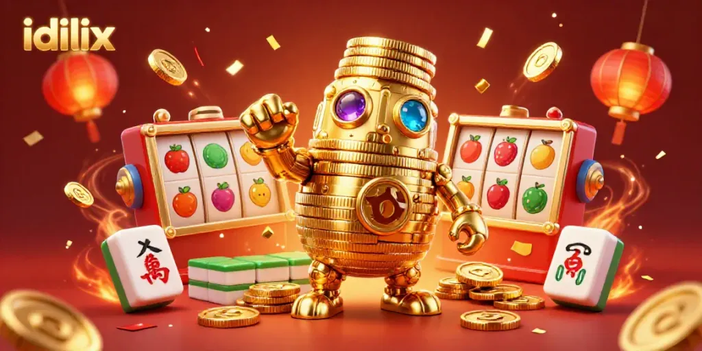 Experience the vibrant energy of idlix in a lively golden casino scene with dynamic slot symbols.