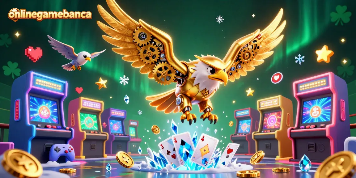 Experience onlinegamebanca with a dynamic scene of a cybernetic eagle amidst exciting gaming elements.
