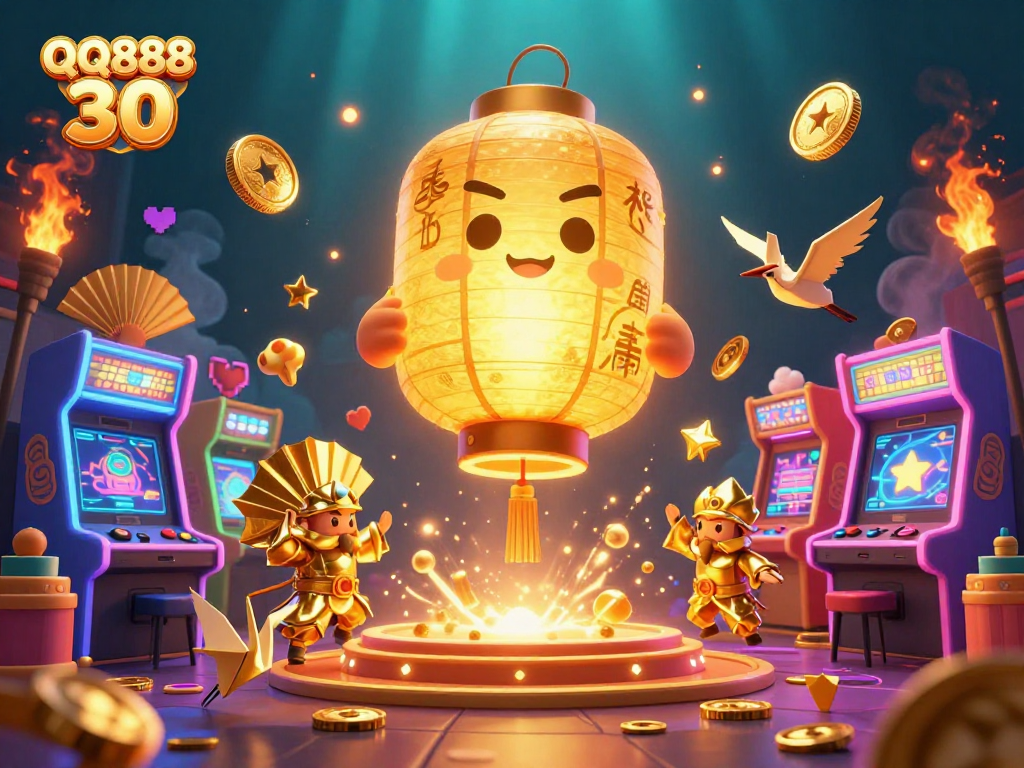 Engage with QQ888 30 in a 3D vibrant casino scene filled with rich gaming elements and golden spirits.