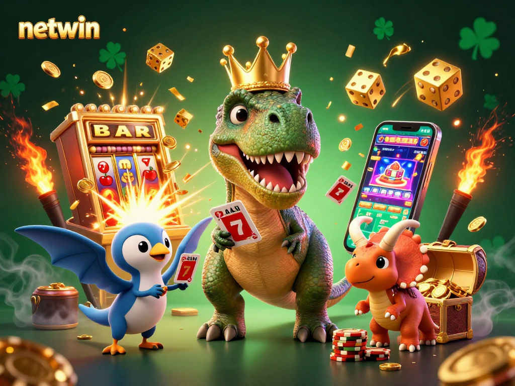 Experience thrilling gaming with netwin's vibrant 3D casino characters amidst a jackpot explosion.