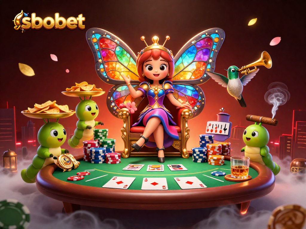 Sbobet sports betting scene featuring a colorful butterfly queen amidst poker elements and vibrant energy.