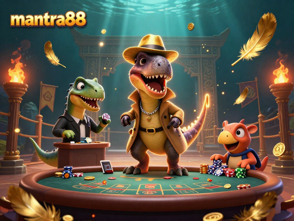 mantra88 showcases a cartoon velociraptor card counter at a blackjack table with vibrant gaming elements