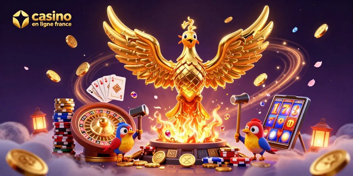 Illustration du casino en ligne en France montrant un phœnix doré et des éléments de jeu scintillants.