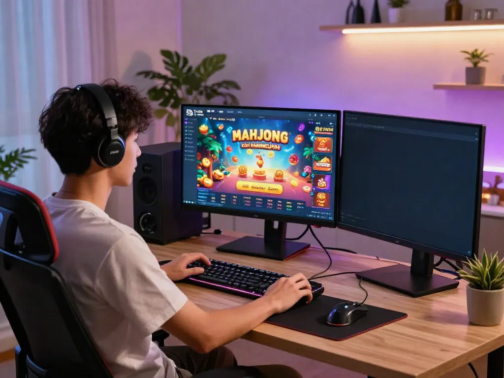 Engaging player enjoying Slot MAHJONGJP88 in a stylish home office with vibrant gaming interface.