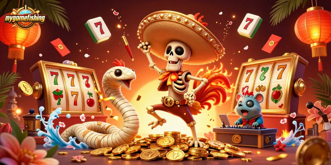 Experience mygamefishing excitement with a vibrant 3D illustration showcasing thrilling slots, festive characters, and engaging symbols.