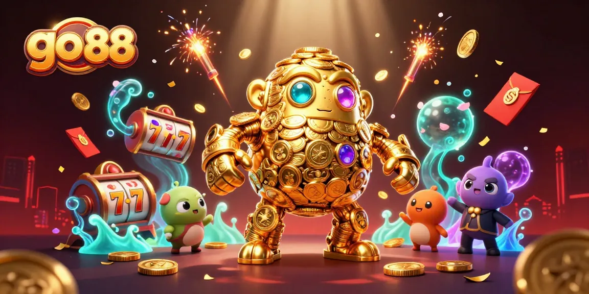 Spin the reels with the go 88 casino-themed golden golem amidst vibrant gaming elements.