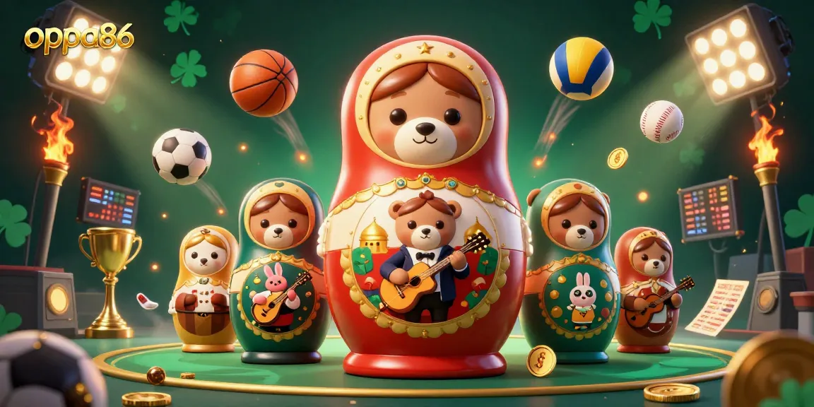 Experience thrilling betting action with oppa86 among vibrant casino dealer bears and sports balls.