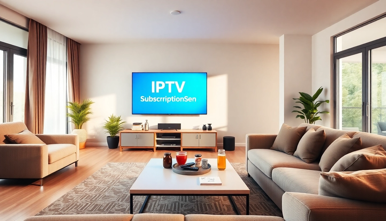 Engaging scene of an IPTV subscription setup in a cozy living room.