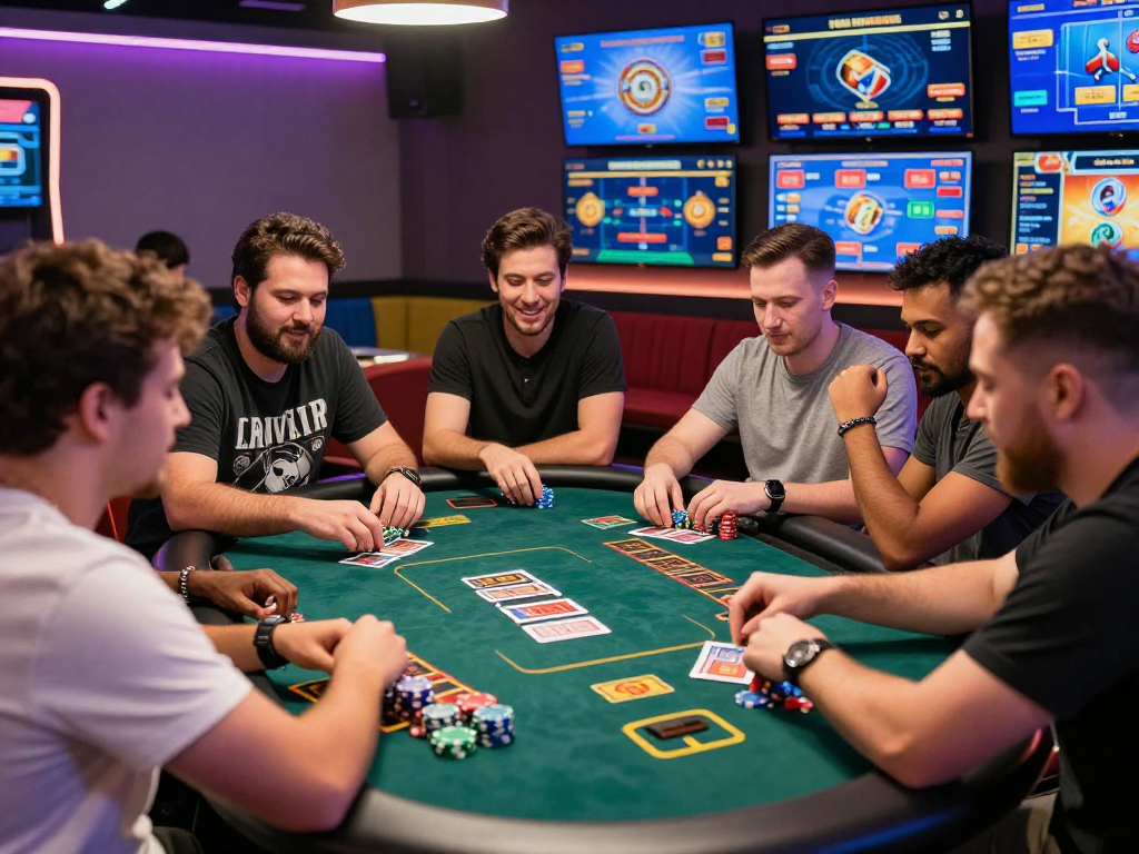 Dewatogel online gambling scene with players engaged in live dealer games around a digital table.