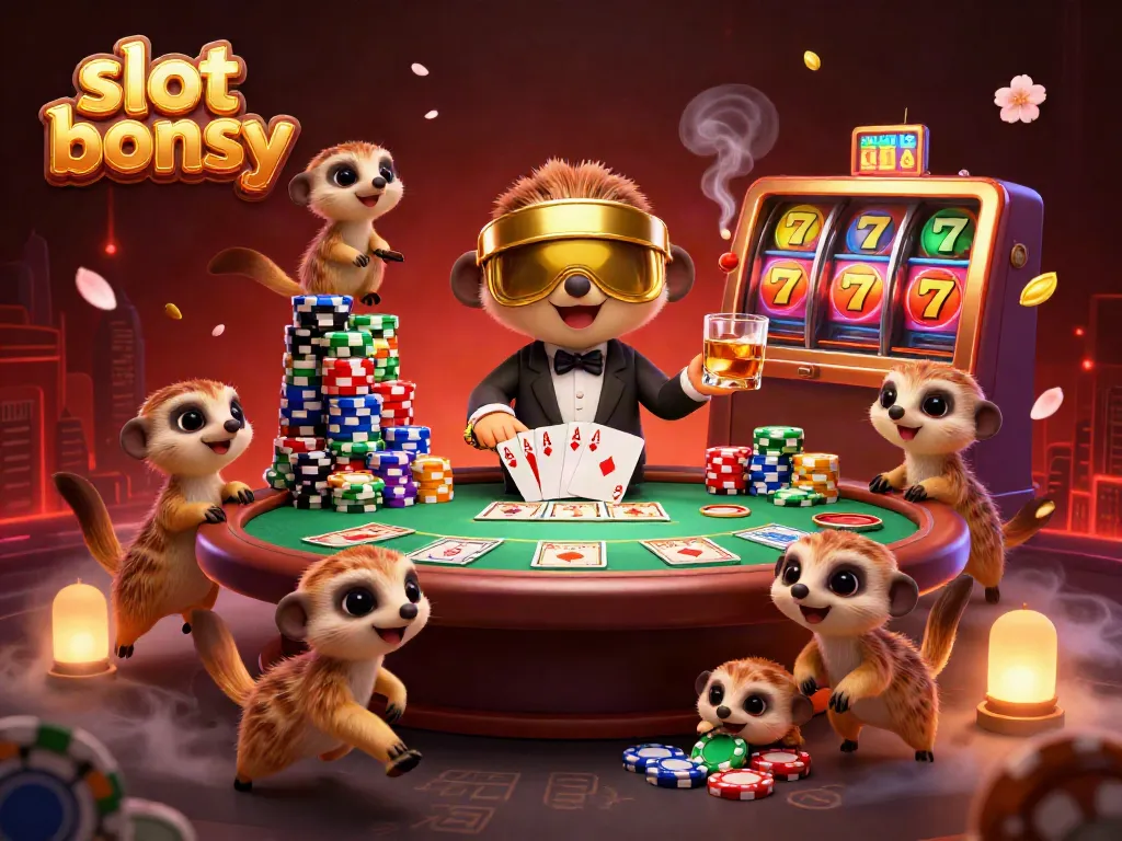 Meerkats celebrating around a vibrant casino scene with a slot bonus theme, dynamic casino action, colorful slot symbols.