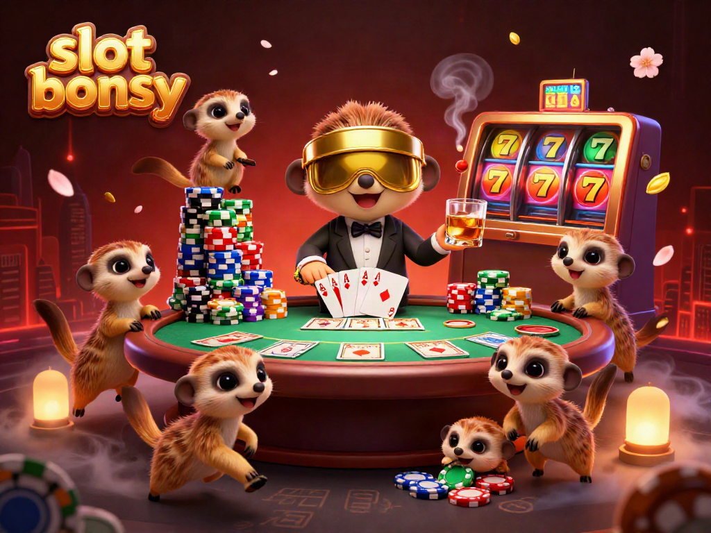 Meerkats celebrating around a vibrant casino scene with a slot bonus theme, dynamic casino action, colorful slot symbols.