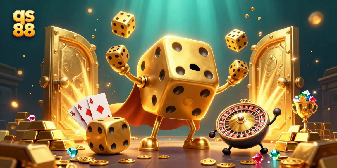 Experience the excitement of qs 88 with a vibrant 3D casino scene filled with golden treasures and dice.