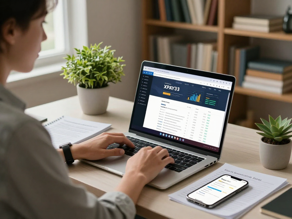 Focused individual analyzing XPAY33 official site in a productive home office.