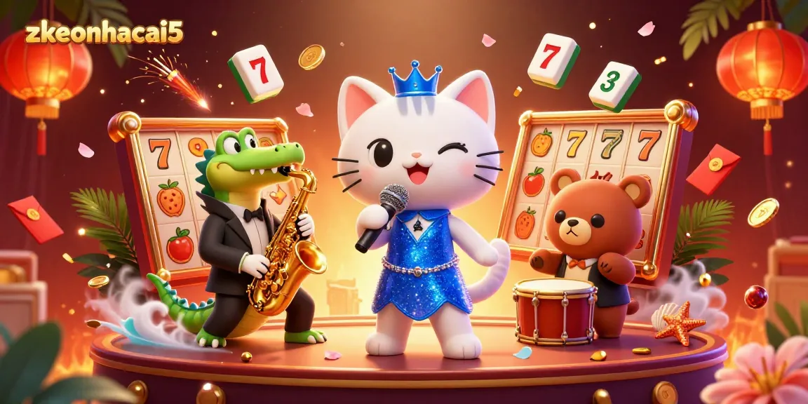 Engage with zkeonhacai5 in a vibrant casino atmosphere, featuring a jazz-singer cat, crocodile, and bear cub.