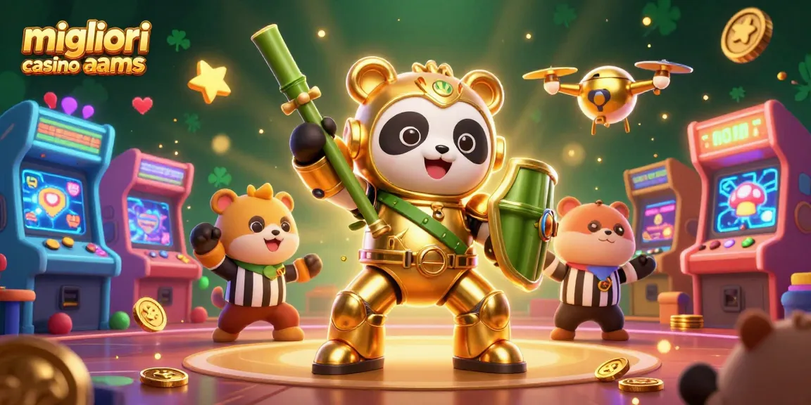 Illustrazione 3D del panda dorato nei migliori casino online AAMS con robot e simboli arcade.