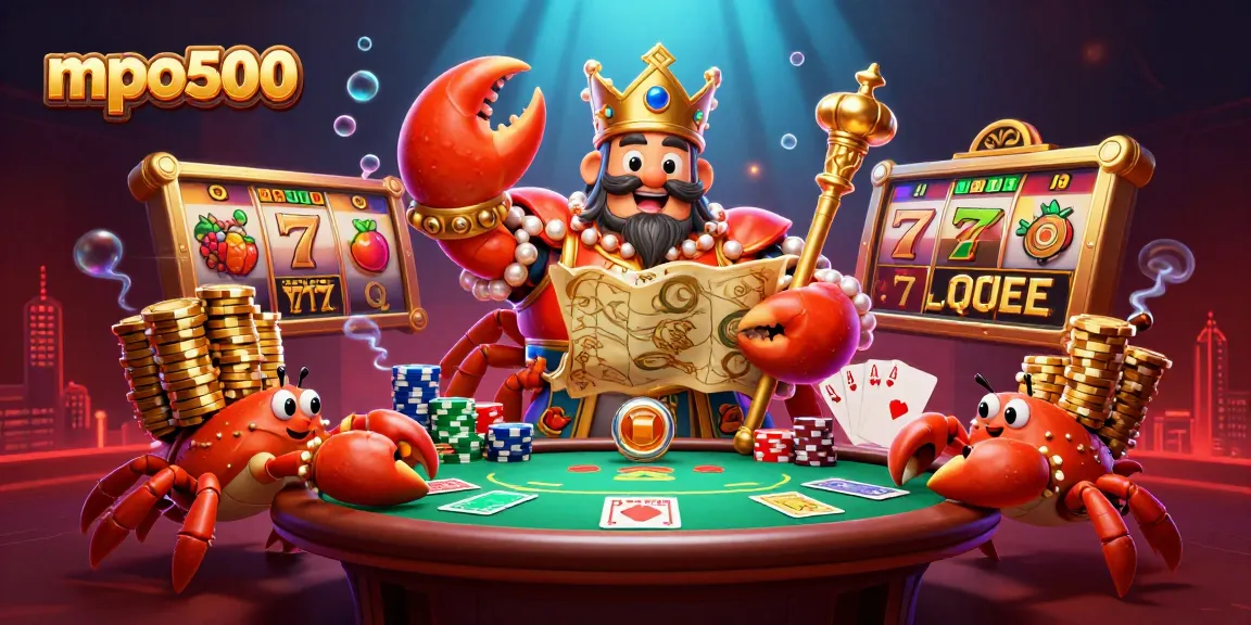MPO500's golden crab emperor revels in jackpot excitement at the vibrant slot and poker tables.