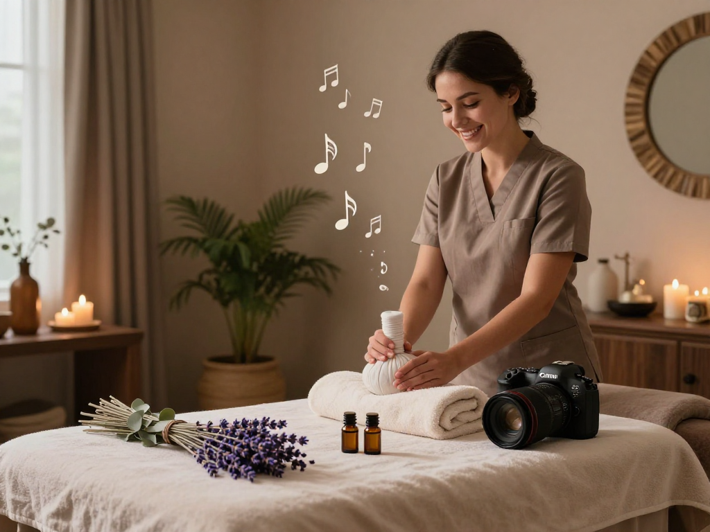 Serene spa environment at Balanced Massage with aromatherapy oils, embodying mantra88's calming ethos.