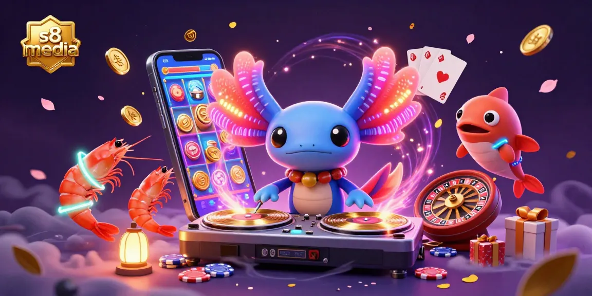 Experience the vibrant excitement of s8media with our dynamic casino illustration featuring a lively axolotl DJ.
