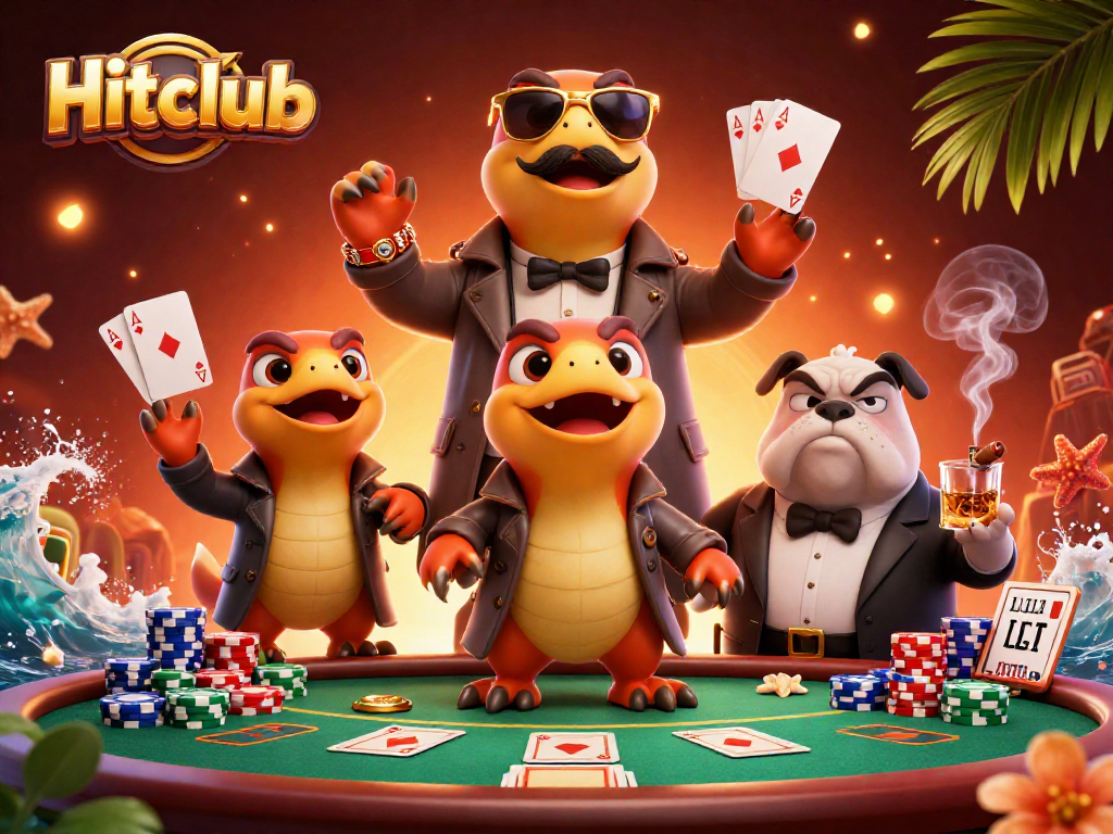 Hitclub raptors sneak into a VIP casino lounge while surrounded by poker elements.