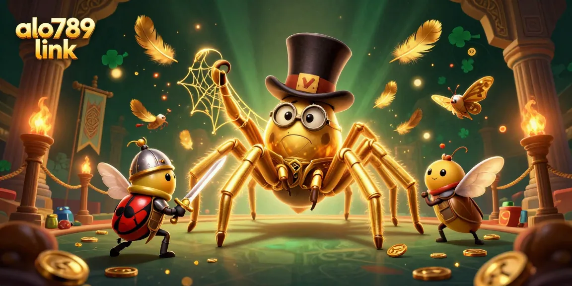 Experience thrilling action with the alo789 link, showcasing a giant tarantula and beetle knight in a vibrant casino scene.