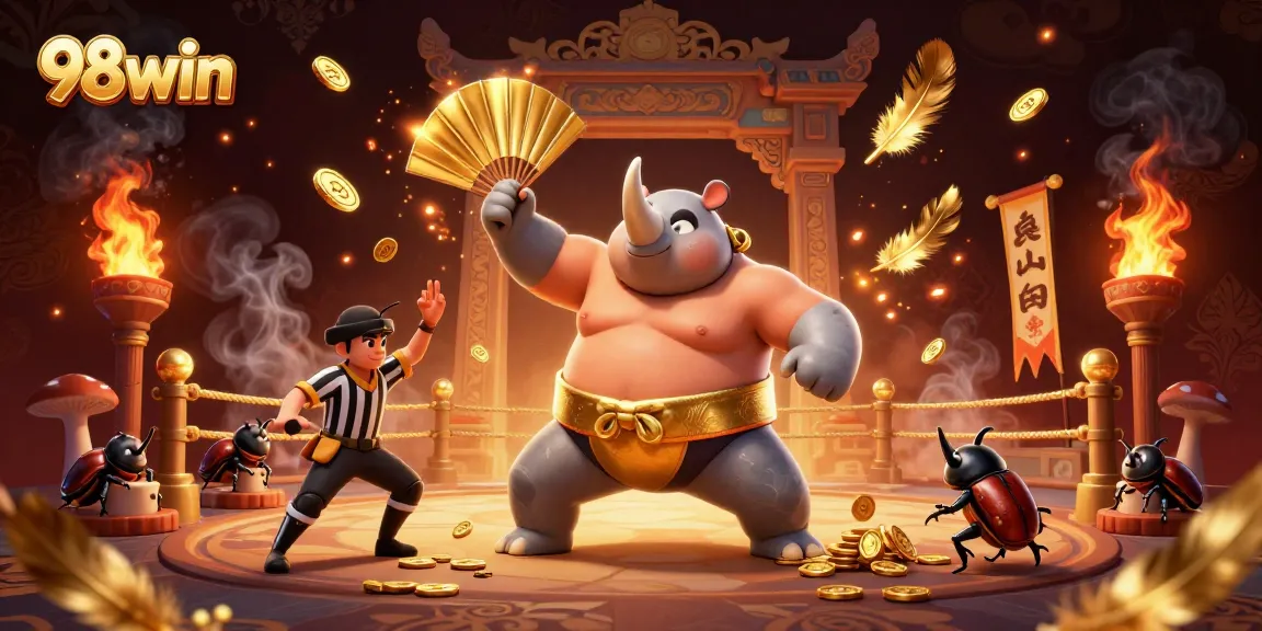 Experience thrilling action at 98win with a sumo champion and golden coins flying in an exciting match.