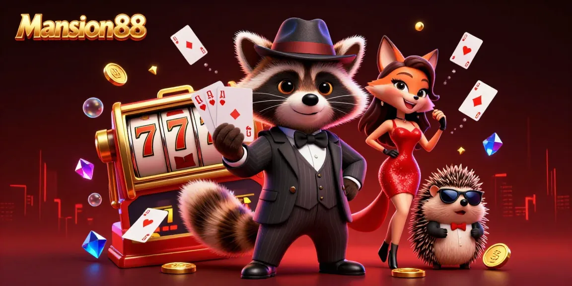 Mansion88 showcases a dynamic casino scene featuring a suave raccoon, a charming fox, and a hedgehog bouncer amidst vibrant slot reels and floating cards.