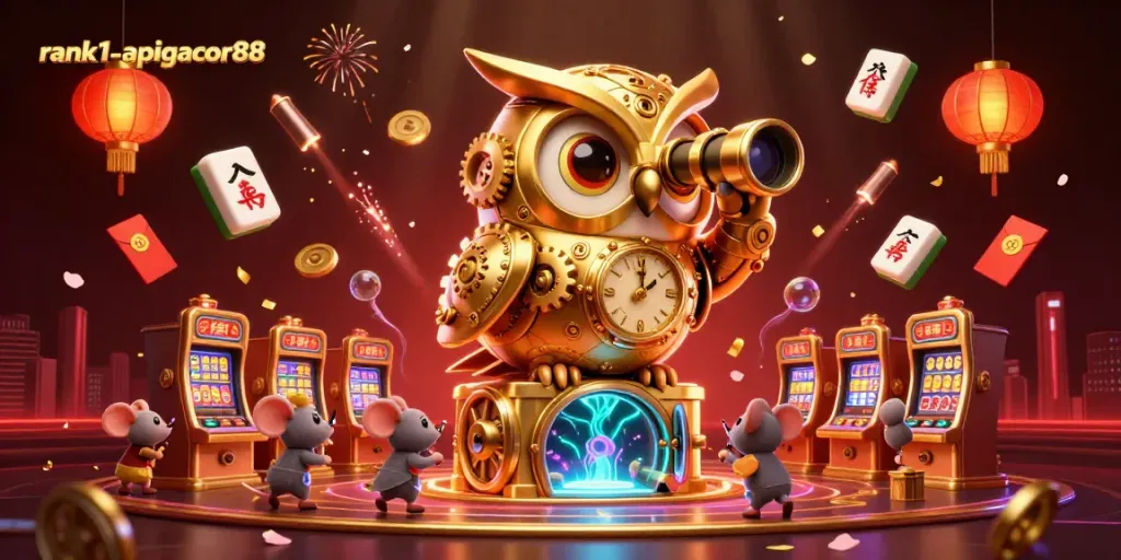 Engage with rank1-apigacor88's vibrant casino floor, where a golden owl oversees tiny patrons playing brass slot machines.