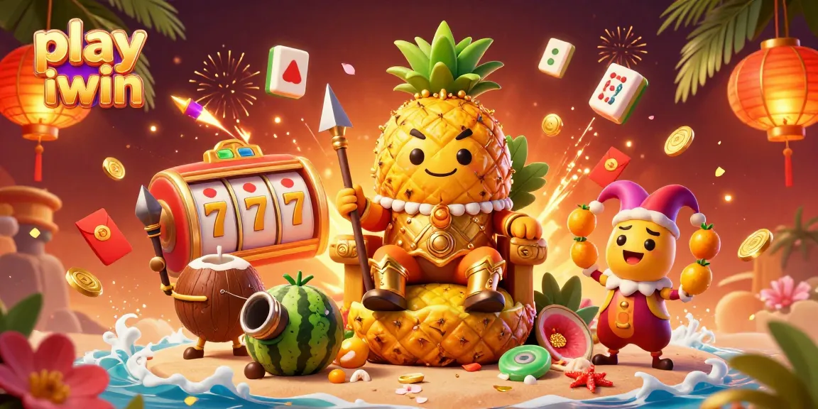 Engage with the vibrant scene of "play iwin" in this 3D casino illustration with lively characters and slot elements.