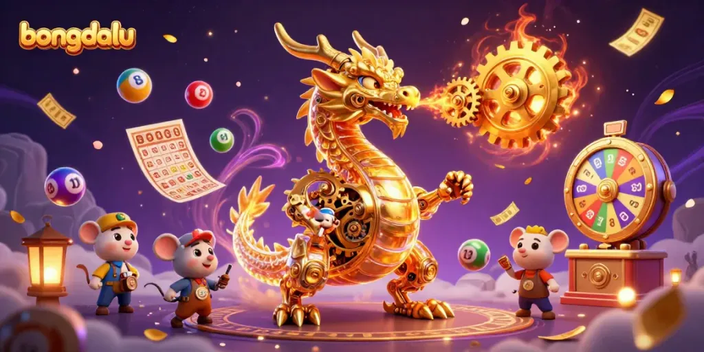 Bongdalu showcases dynamic lottery elements with a golden dragon in a vibrant casino scene.